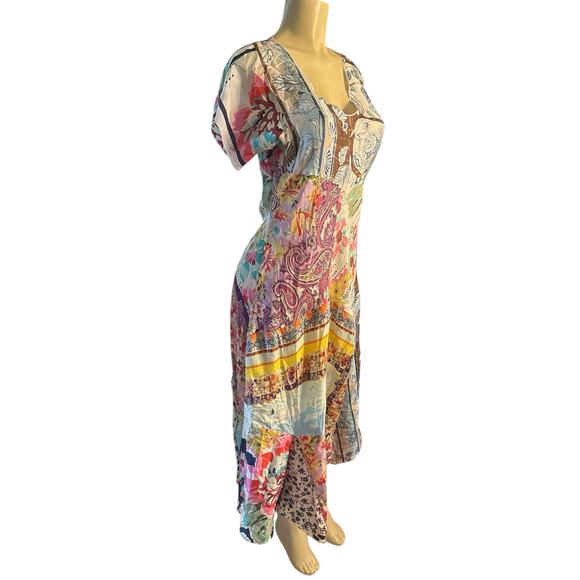 XS Johnny Was Georgette Printed Floral Patchwork Silk Dress Maxi Hippie Boho